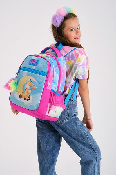 Coral High Rucsac școlar cu trei compartimente pentru copii, albastru, roz, cu model girafe 23479