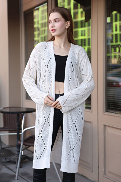 ALCHON Openwork Diamond Patterned - V-Neck Long Sleeve Midi Length Perforated Knitwear Summer Cardigan