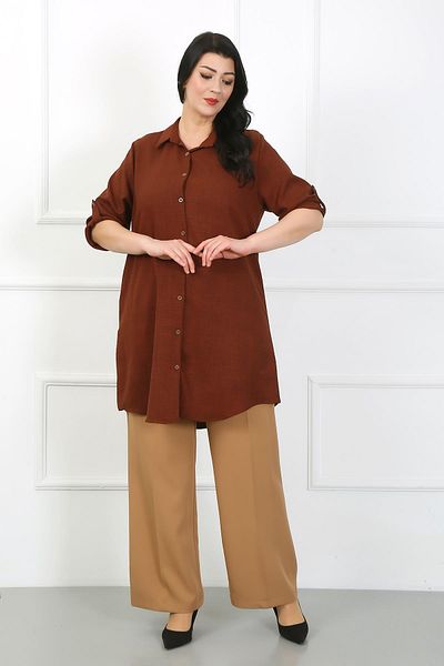 By Alba Collection Women's Tan Soft Linen Large Size Tunic