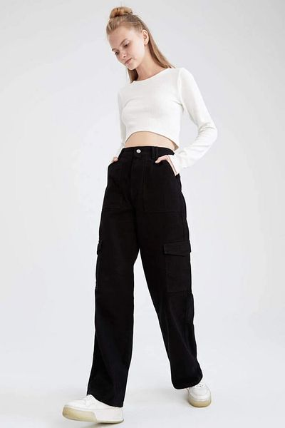 DUBAİ ÇOCUK Cargo Pocket Jeans Denim Black Pants Girls
