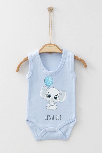 ADABEBEK It's a Boy Written Blue Balloon Baby Elephant Printed Strap Snap-On Bodysuit