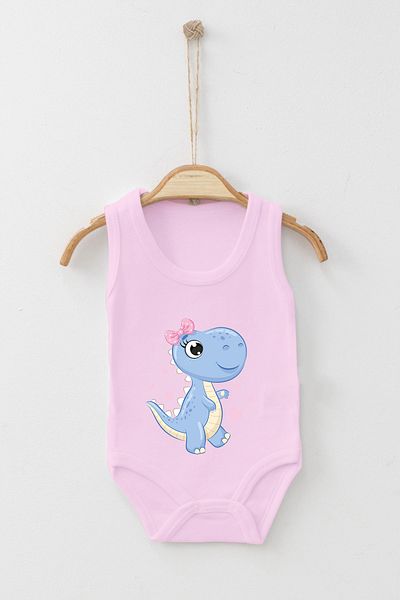 ADABEBEK Heart Detailed Ribbon Baby Dinosaur Printed Strap Snap Bodysuit