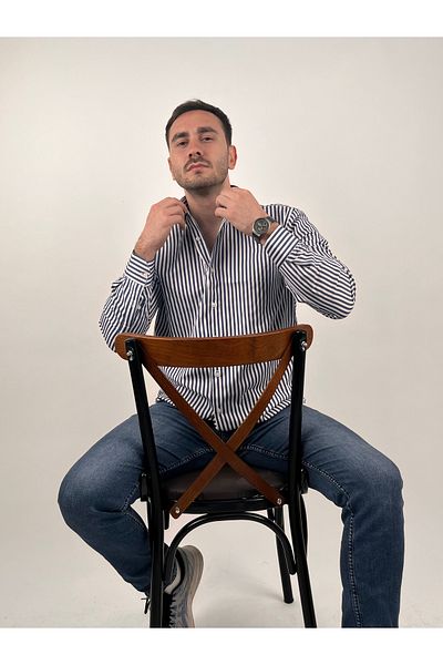 Mad&Calf Férfi Slim Fit hajtókás gombos hosszú ujjú csíkos ing