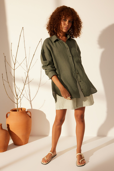 Trendyol Collection Green 100% Linen Oversize Shirt TWOSS23GO00443