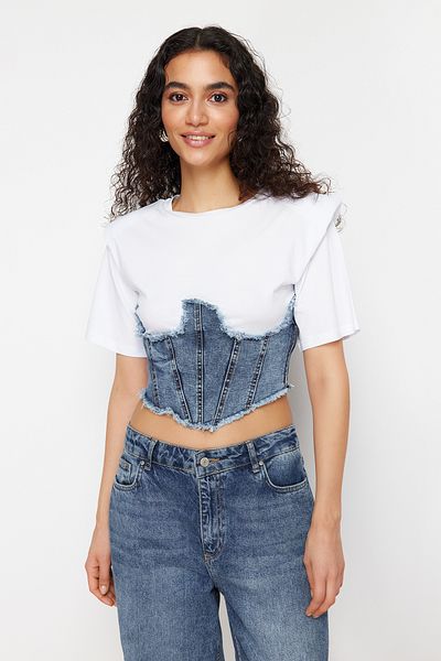 Trendyol Collection Bluză tricotată căptușită cu detaliu din denim alb TWOSS24BZ00578