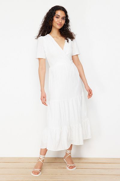 Trendyol Collection Λευκή φούστα με ανοιχτή μέση με διπλό γιακά με επένδυση Maxi υφαντό φόρεμα TWOSS24EL00693