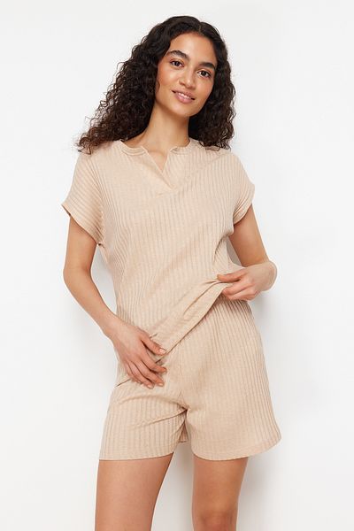 Trendyol Collection Beige Ribbed Shorts Knitted Pajamas Set Thmss24Pt00275