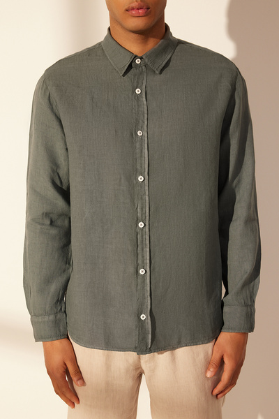 Trendyol Collection Prémium szürke 100% lenvászon normál szabású ing TMNSS24GO00058