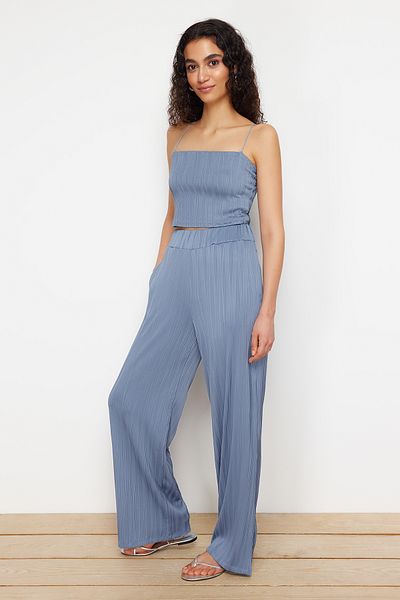 Trendyol Collection Πλεκτό παντελόνι Indigo με υφή Premium φαρδύ πόδι/φαρδύ πόδι TWOSS24PL00070