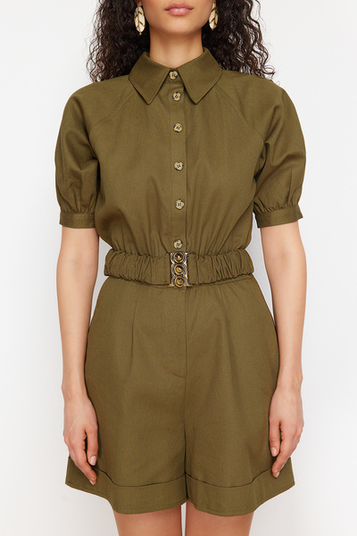 Trendyol Collection Khaki Belted Shirt Collar Gabardine Mini Woven Jumpsuit TWOSS21TU0238