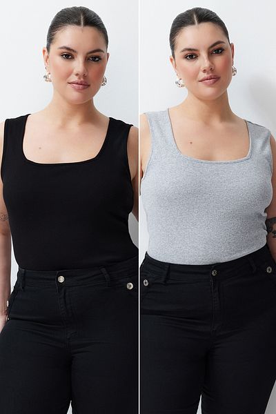 Trendyol Curve Black-Grey Basic Ribbed Knitted 2-Pack Square Neck Undershirt