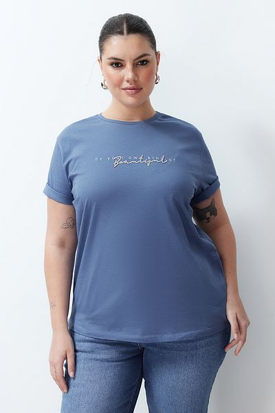 Trendyol Curve Indigo Printed Embroidered Boyfriend T-shirt - 100% Cotton TBBSS24BF00019