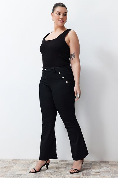Trendyol Curve Black Button Detailed Extra Flexible Spanish Leg Jeans TBBSS24CJ00015