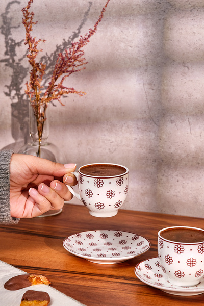 Emsan Tiny Flowers New Bone Coffee Cup Set for 2 People 90 ml Claret Red