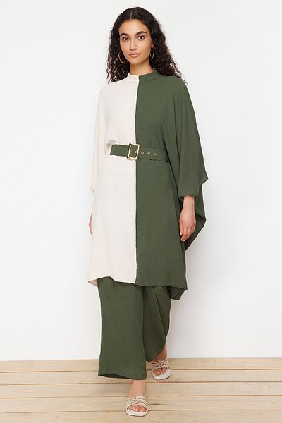 Trendyol Modest Khaki Color Blocked Waist Belted Tunic-Pants Woven Suit TCTSS23US00046