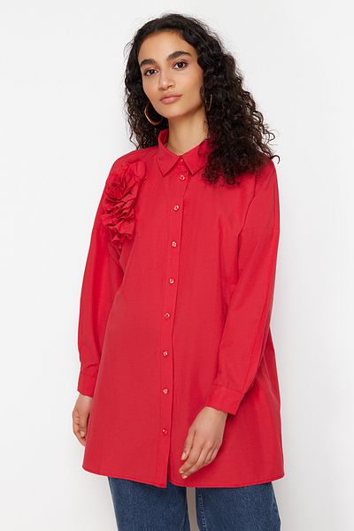 Trendyol Modest Piros rátétes virágos részletes pamut szőtt ing TCTSS24TG00030