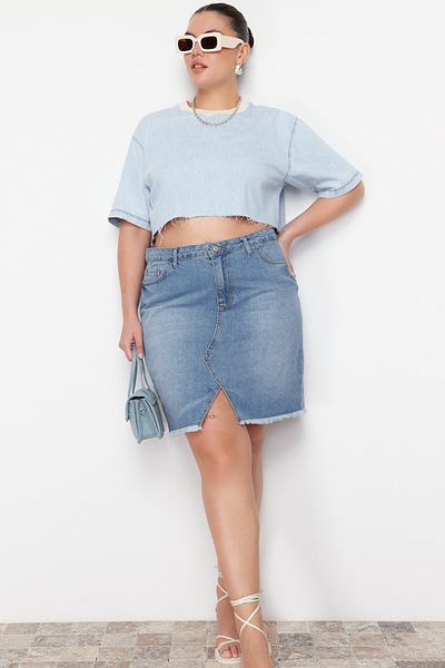 Trendyol Curve Fustă creion din denim albastru deschis cu talie înaltă TBBSS23AZ00006