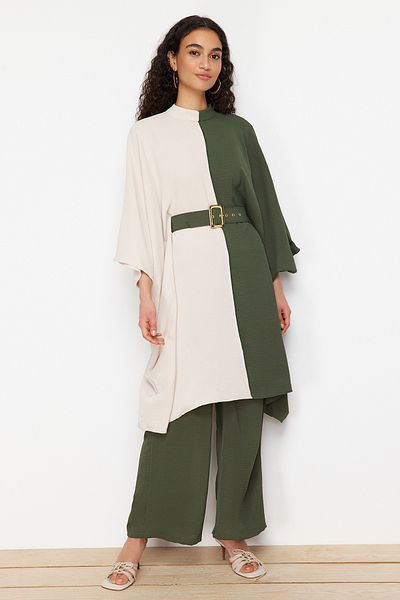 Trendyol Modest Khaki Color Blocked Waist Belted Tunic-Pants Woven Suit TCTSS23US00046