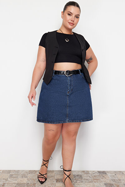 Trendyol Curve Fustă albastră din blugi cu talie înaltă in forma A TBBAW23AZ00042