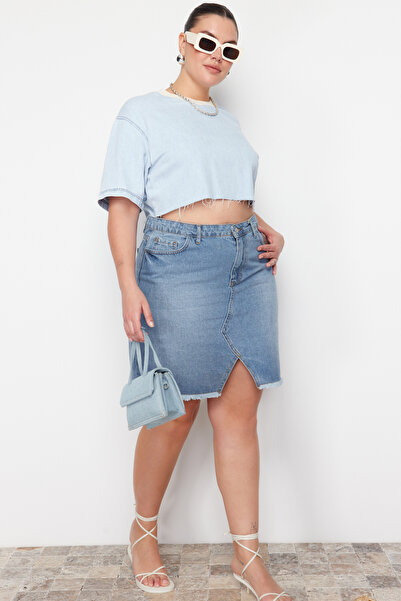 Trendyol Curve Fusta de blugi cu talie înaltă albastru deschis TBBSS23AZ00006