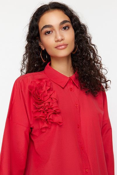 Trendyol Modest Piros rátétes virágos részletes pamut szőtt ing TCTSS24TG00030