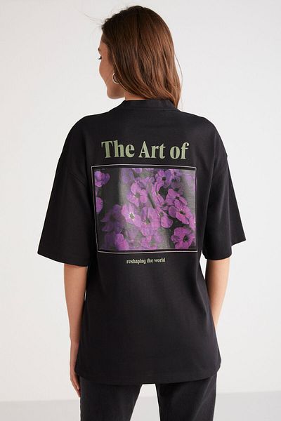 ETHIQUET Kalısta Women's 100% Organic Cotton Oversize Back and Front Flower Printed Round Collar Black T-Shirt