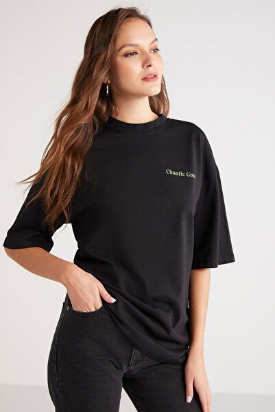 ETHIQUET Kalısta Women's 100% Organic Cotton Oversize Back and Front Flower Printed Round Collar Black T-Shirt