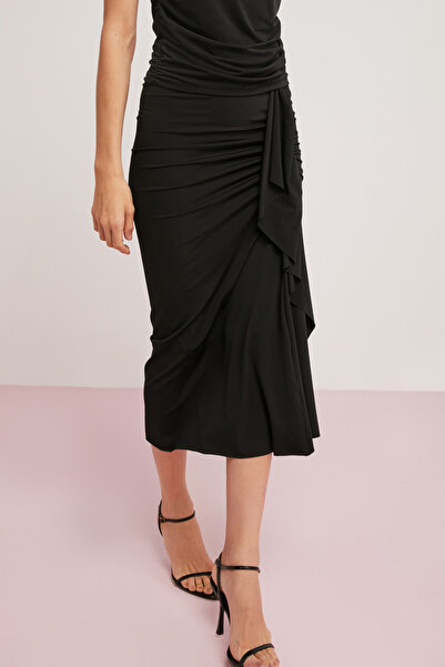 ETHIQUET Melında Women's Knitted Black Pencil Skirt with Drape Detail that Fits the Body Completely