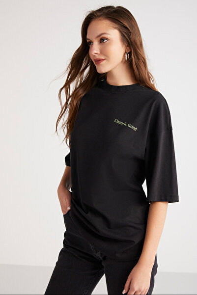 ETHIQUET Kalısta Women's 100% Organic Cotton Oversize Back and Front Flower Printed Round Collar Black T-Shirt