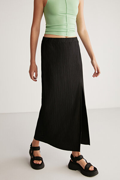 ETHIQUET Vanessa Women's Pleated Fabric Slit Detailed Long Pencil Relaxed Fit Black Skirt