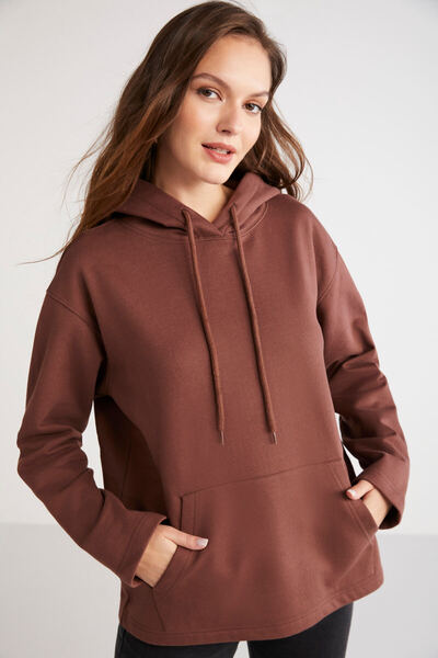 ETHIQUET Modest Piper γυναικεία φλις επένδυση Soft Comfort Fit με κουκούλα καφέ φούτερ με τσέπη καγκουρό