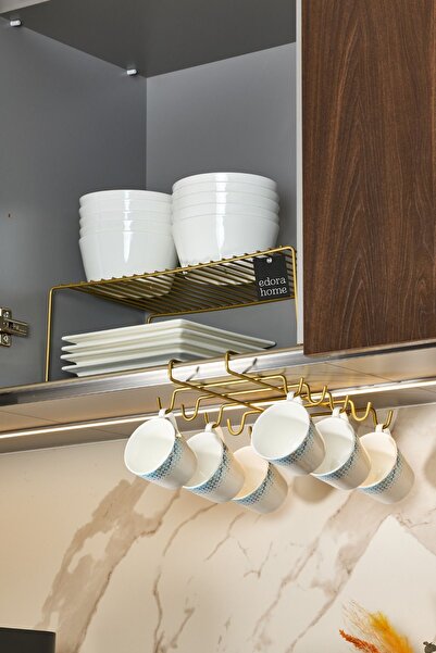 Edora Home Gold 2'li Mutfak Seti, Dolap Düzenleyici Ve 10'lu Bardaklık, Hediyelik - Metal Paslanmaz