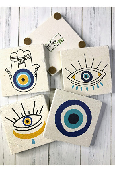 Atölye Çizgi Evil Eye Beads Set of 4 Natural Stone Coasters