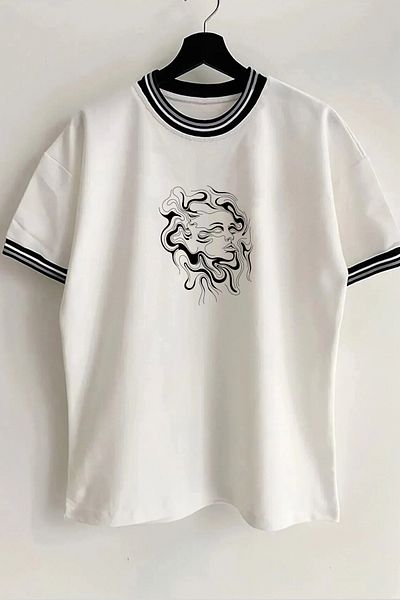 Vordevia Tricou alb de vară, cu imprimeu, unisex, pentru femei, cu guler supradimensionat, sezon nou
