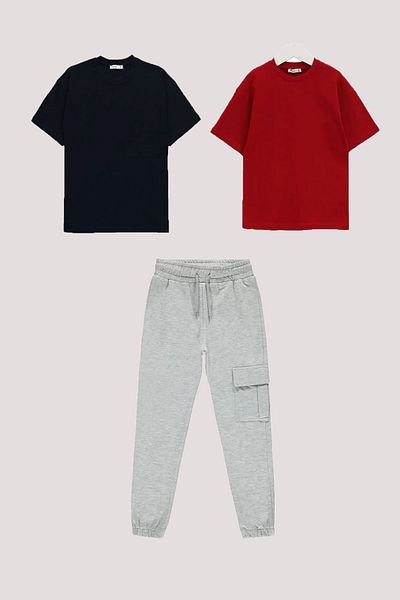 İnciTekstil 3 Pieces Unisex Children's Set 1 Cargo Pocket Sweatpants 2 basic T-shirts