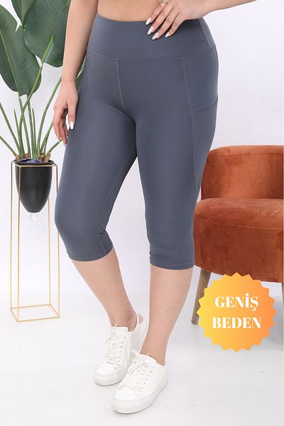BANEGA Curve Women's Large Size Anthracite High Waist Recovery Double Pocket Below the Knee Capri Leggings Capri