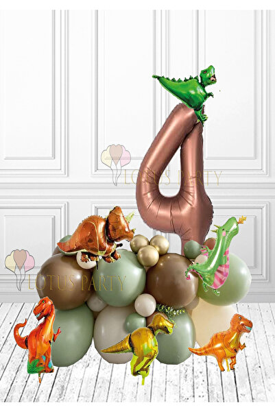LOTUS PARTY Dinazor Temalı Safari Temalı Doğum Günü Balon Demeti Dinazor Folyo Balon Kahverengi Rakam 4 Yaş