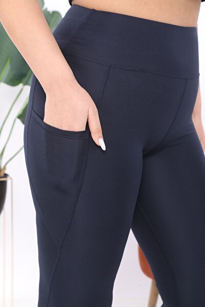 BANEGA Curve Women's Large Size Navy Blue High Waist Recovery Double Pocket Below the Knee Capri Leggings Capri