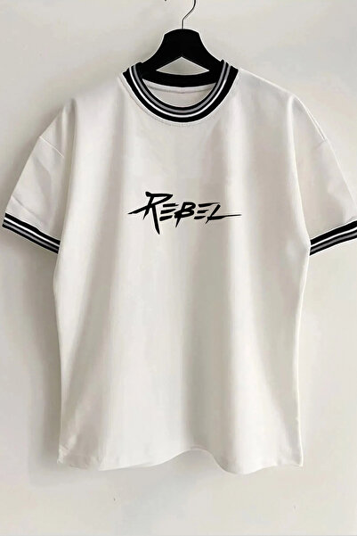 Vordevia Tricou alb de vară cu imprimeu cu text Rebel, unisex, sezon nou, cu ...