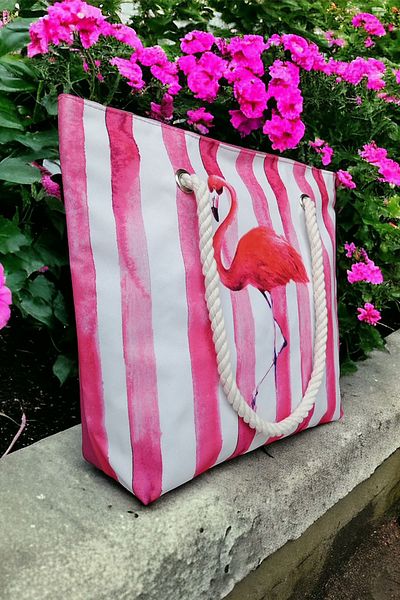 AGOÇANTA Γυναικεία τσάντα παραλίας Flamingo σε ροζ ρίγες