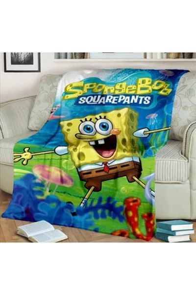 Elmas Dizayn Single Fleece 1St Quality Blue Yellow Sponge Bob 150 cm * 220 Cm. Tv Blanket