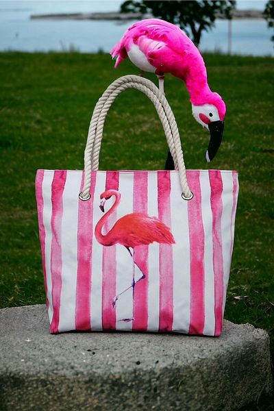 AGOÇANTA Γυναικεία τσάντα παραλίας Flamingo σε ροζ ρίγες