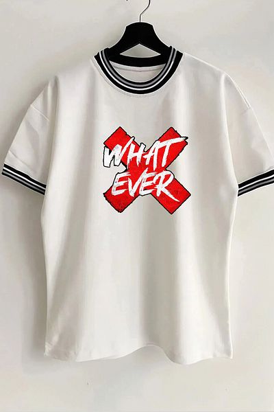 Vordevia X What Ever Text Printed Unisex New Season Oversize Mold Guler Detaliat Vară Tricou alb