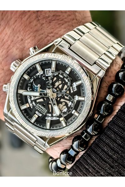 MICHAEL TOMMY Brand 3 Atm Silver Color Steel Cord Luxury Men's Wristwatch + Bracelet, Rosary