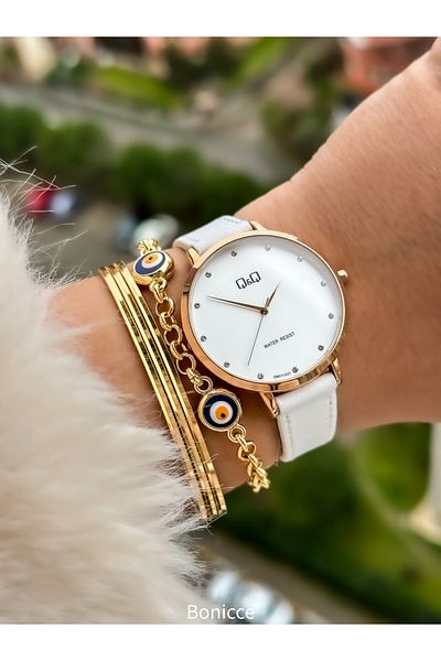 Q&Q Brand Retro White Color, Rose Case, Waterproof, Plain Leather Cord Women's Wristwatch + Bracelet