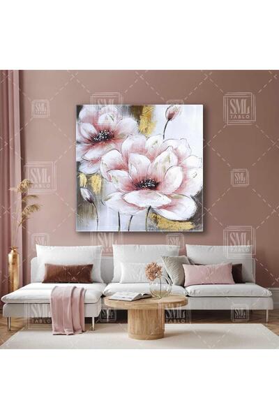 SML TABLO Tablou pe pânză orizontal cu flori mari roz și detalii aurii