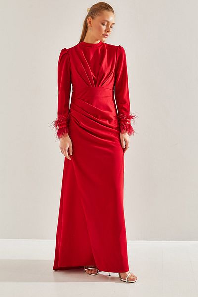 Bianco Lucci Modest Tasseled Sleeves and Gathered Front - Hijab Evening Dress60191007