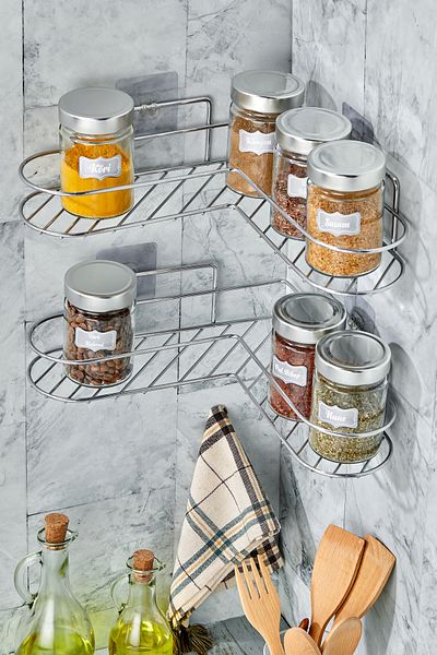 vipgross Kitchen Shelf Set of 2 Adhesive Luxury Modern Black Metal Spice Rack Organizer - Chrome