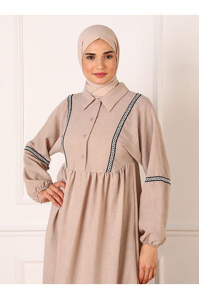 Refka Stripe Detailed Half Placket Hijab Dress - Beige - Refka
