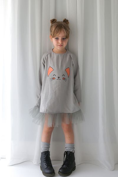 Catz Kids Γκρι λινό φόρεμα Tutu με κέντημα γάτας